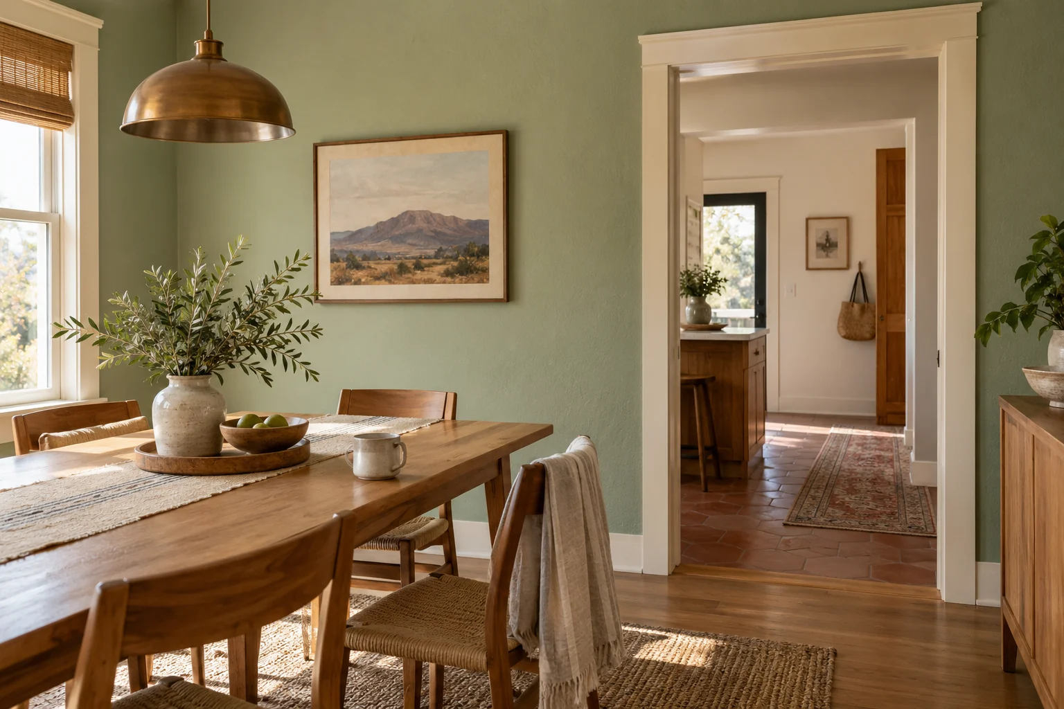 Sage green painted dining room with ivory doorway trim and natural wood furnishings.