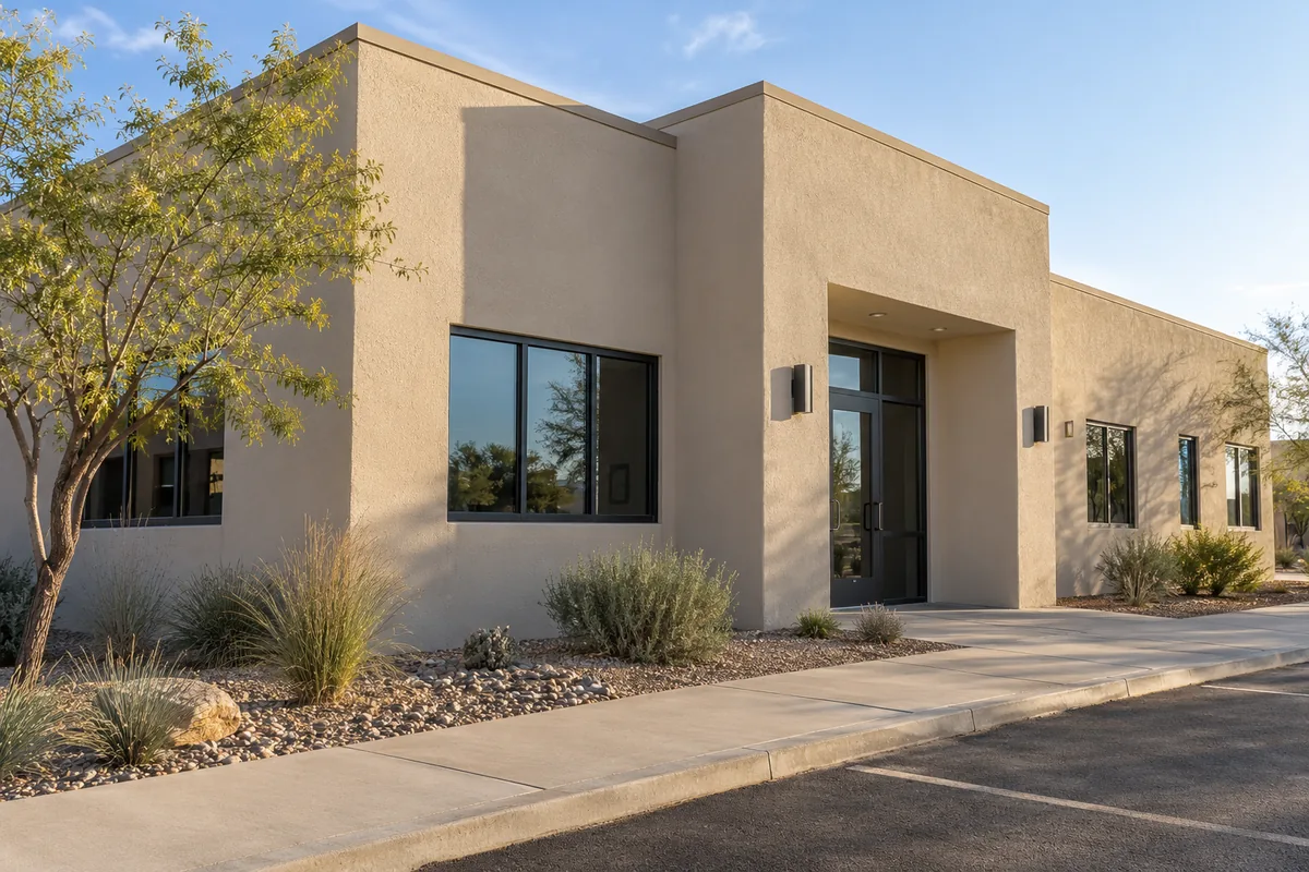 Illustration of a tan stucco commercial building with large dark-framed windows, a glass entry, and desert landscaping.