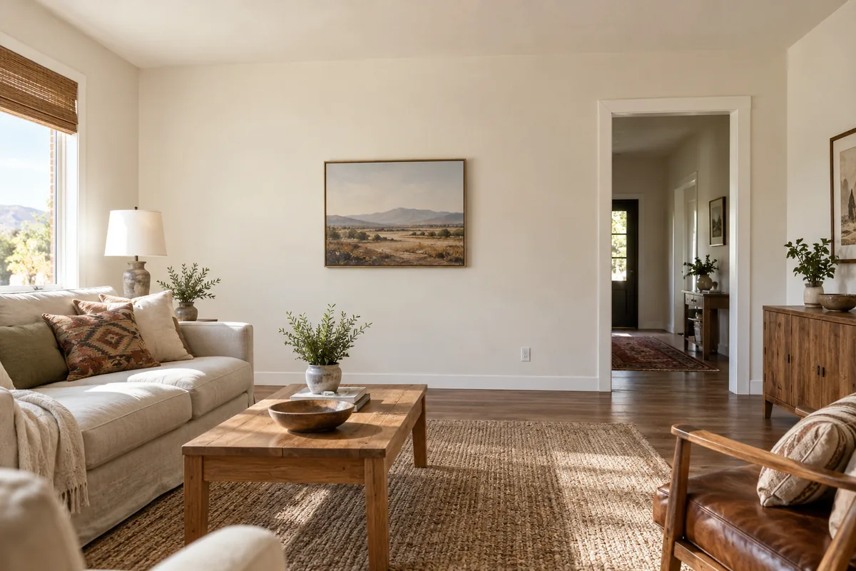 Illustration of a sunlit living room with warm white walls, white trim, wood furniture, and a mountain landscape print.